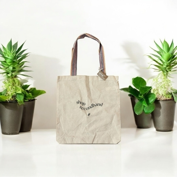 NWT Reusable Tote Bag Shop Second Hand Print Beige Canvas Shopping Shoulder Bag - Picture 1 of 6
